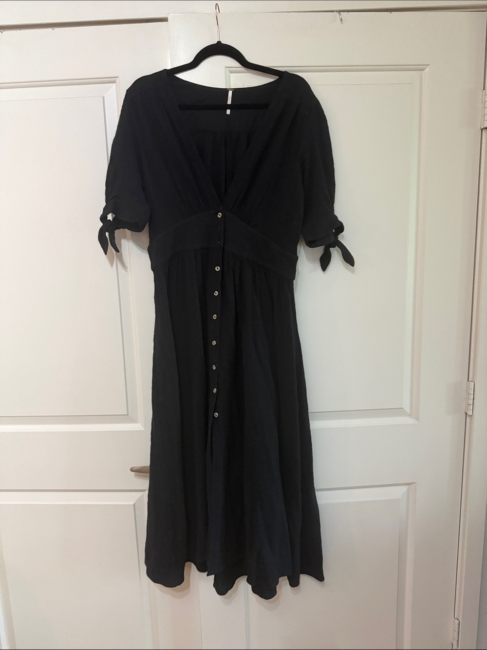 Free People Black V-Neck Button-Front Midi Dress with Tie Sleeves
